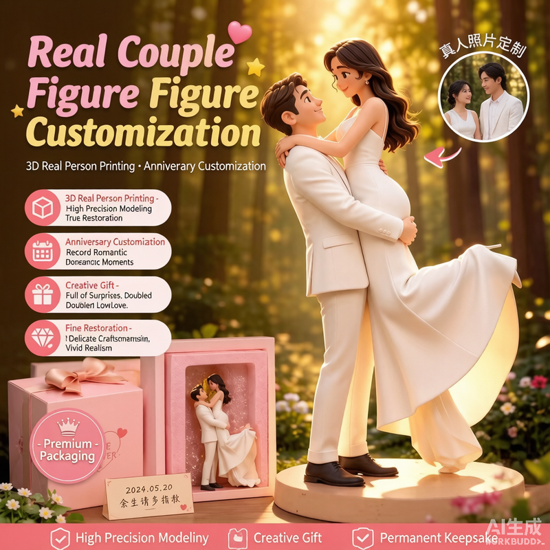 Wedding Couple Figurine – Custom 3D Wedding Portrait From Your Photo (Style A)